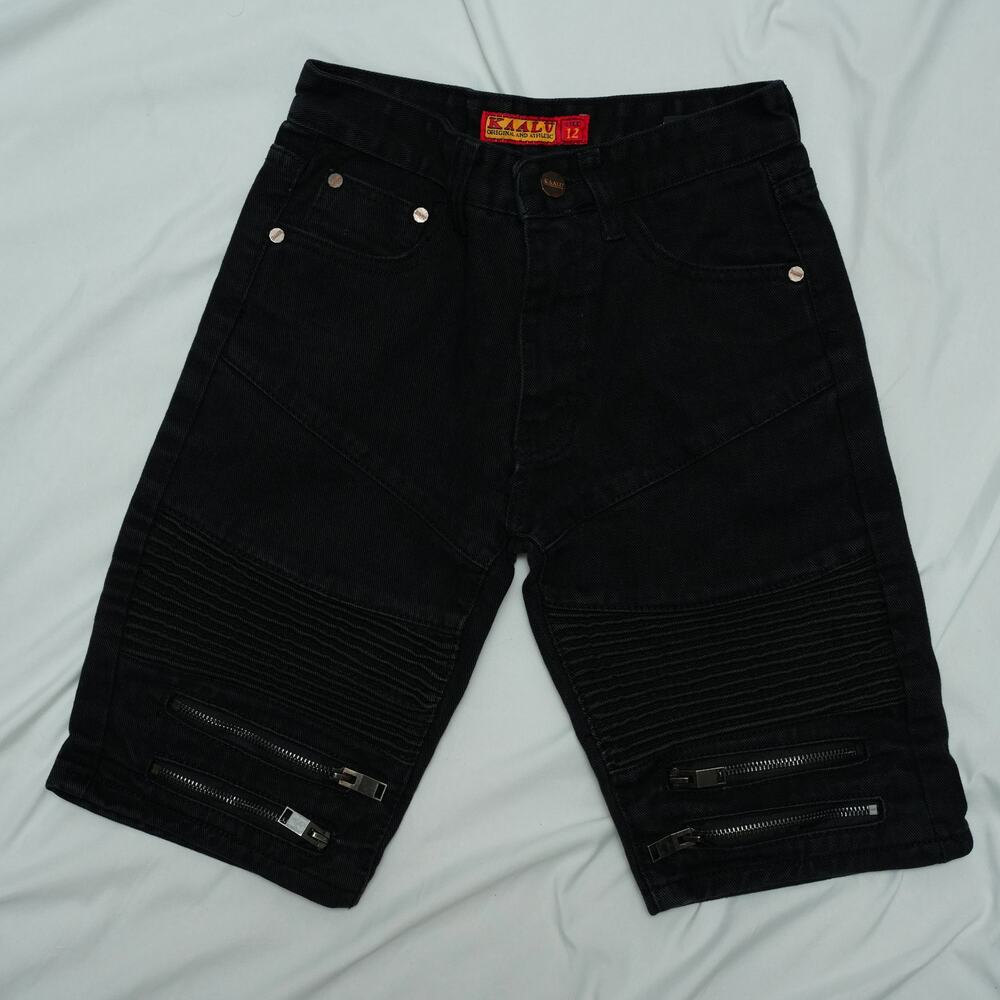 Kaalu Boys Size 12 Black Moto Denim Shorts Biker Ribbed Zipper Stretch